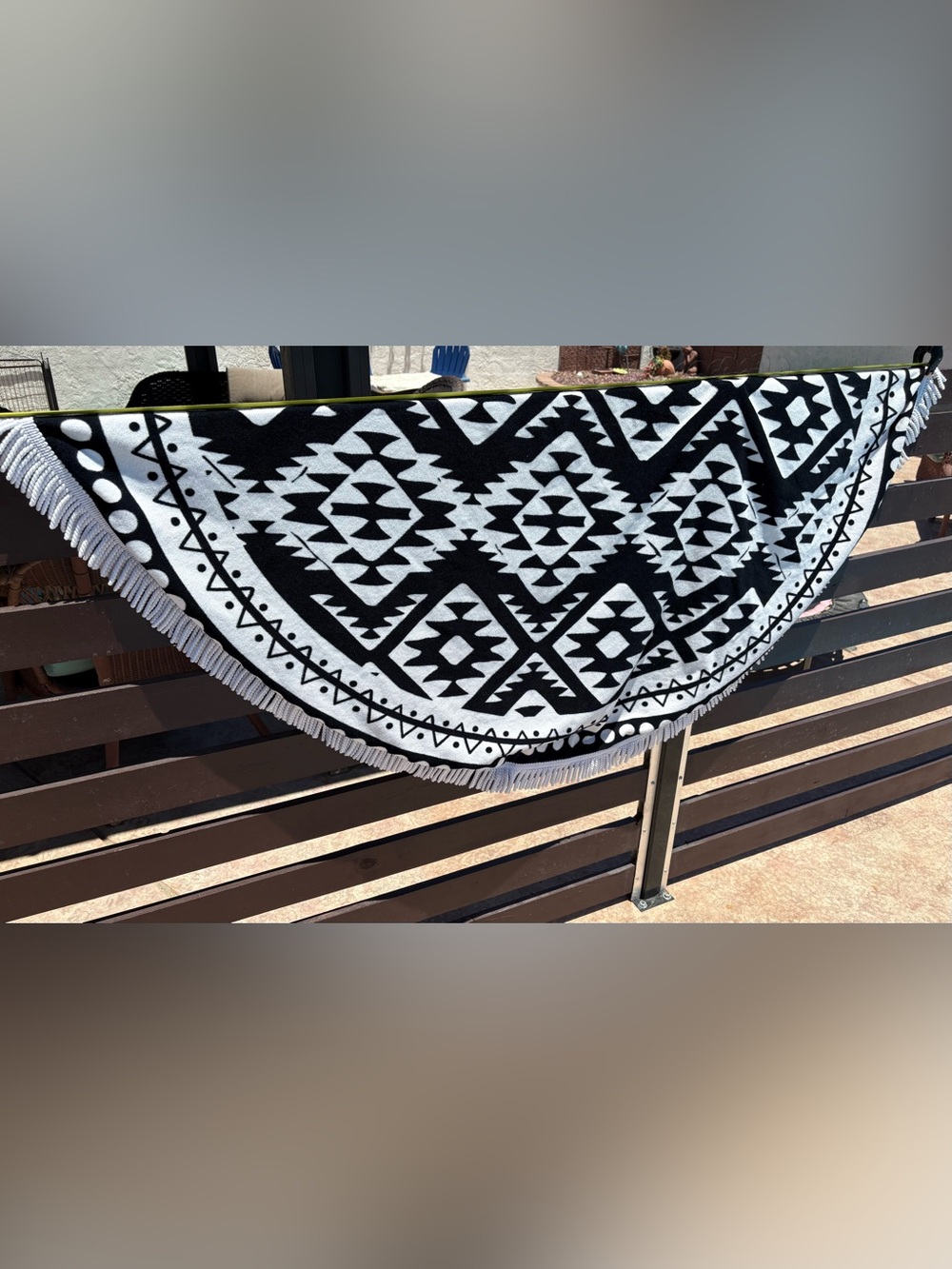 LOFT Black and White Round Beach Towel with Fringe Trim